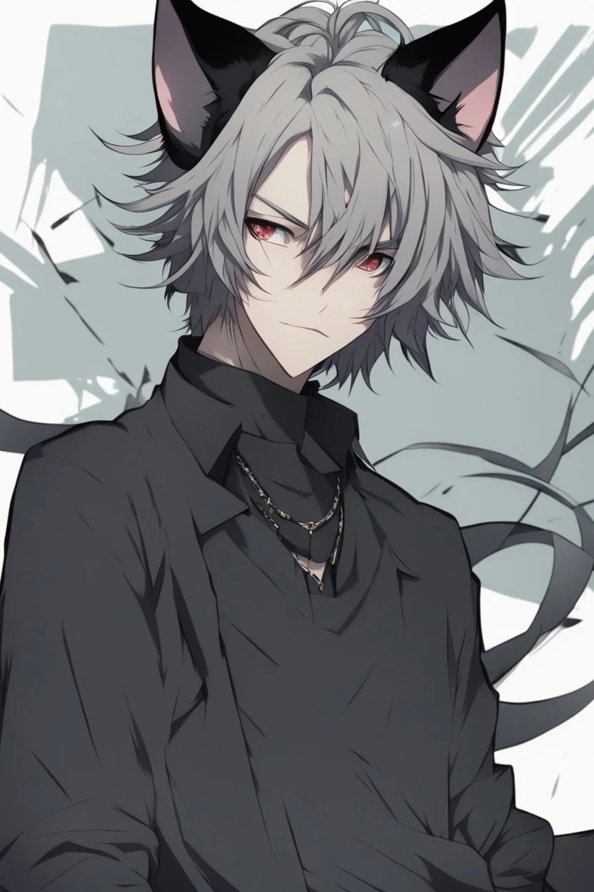 A male anime man with messy black hair, large black cat ears and tail