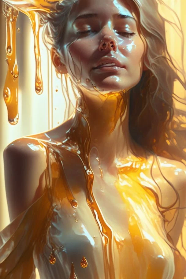 WOMEN WITH transparent Liquid honey dripping, photorealistic beautiful woman, light hair, full body, cover, hyperdetailed painting, luminism, Bar lighting, complex, 4k resolution concept art portrait by Greg Rutkowski, Artgerm, WLOP, Alphonse Mucha,