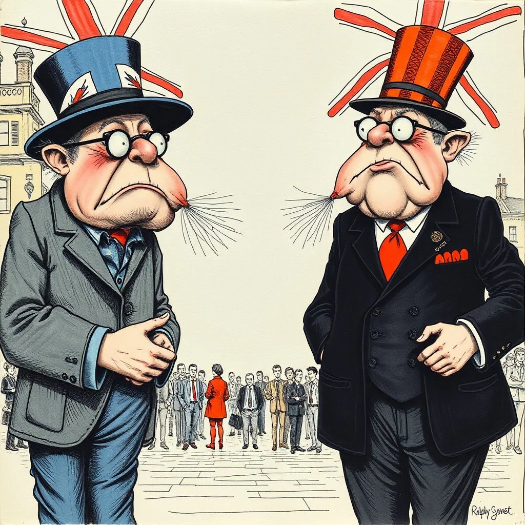 British numpties, style by Ralph Steadman, surreal