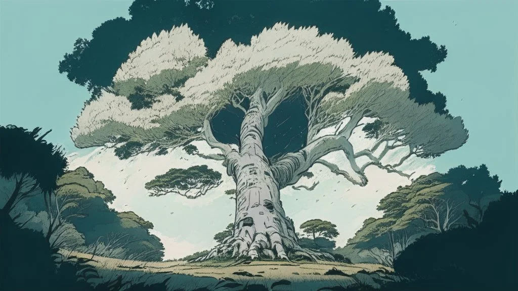 Giant white tree in a small sized forest reaching in to the sky. comic style