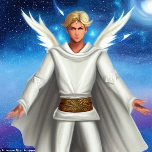 the main character. He’s to look like a powerful angel with white robe, symbols on hands glowing, His background should be that of space above with stars and standing on a paradise of a planet. His belt can transform into a white dragon.