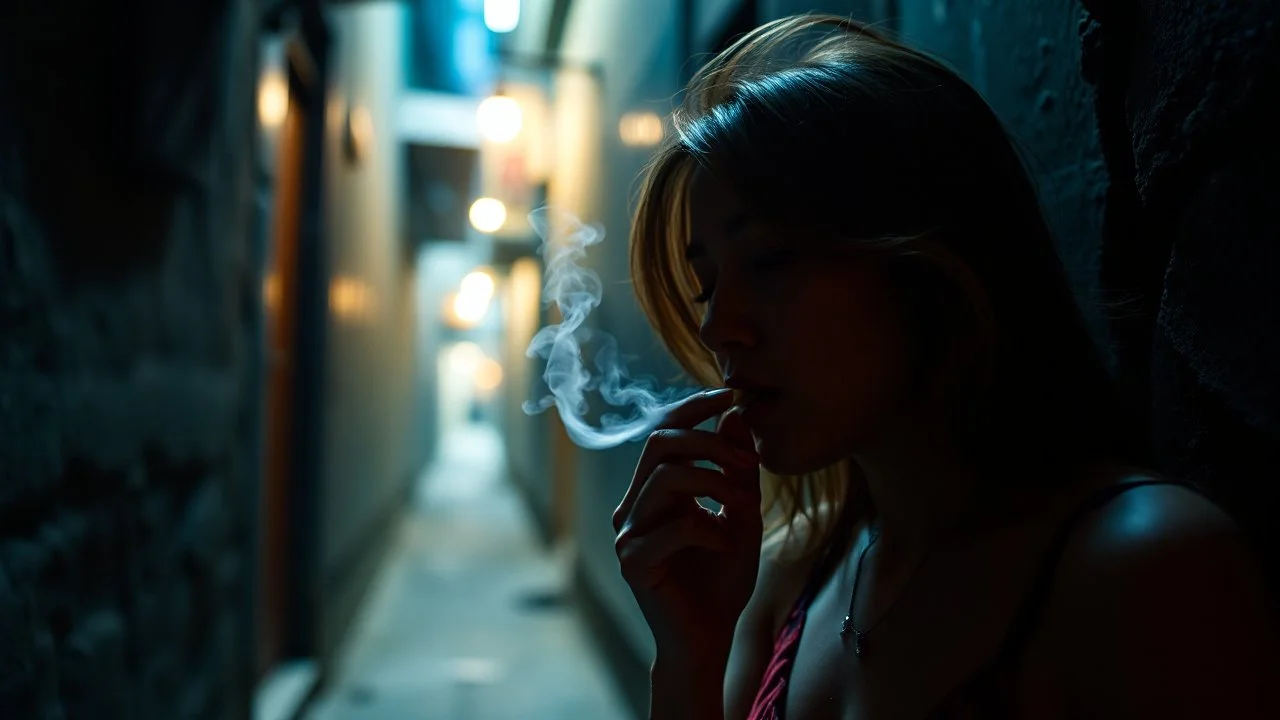 Woman smoking a ciguarete in a narrow lonely dark ally