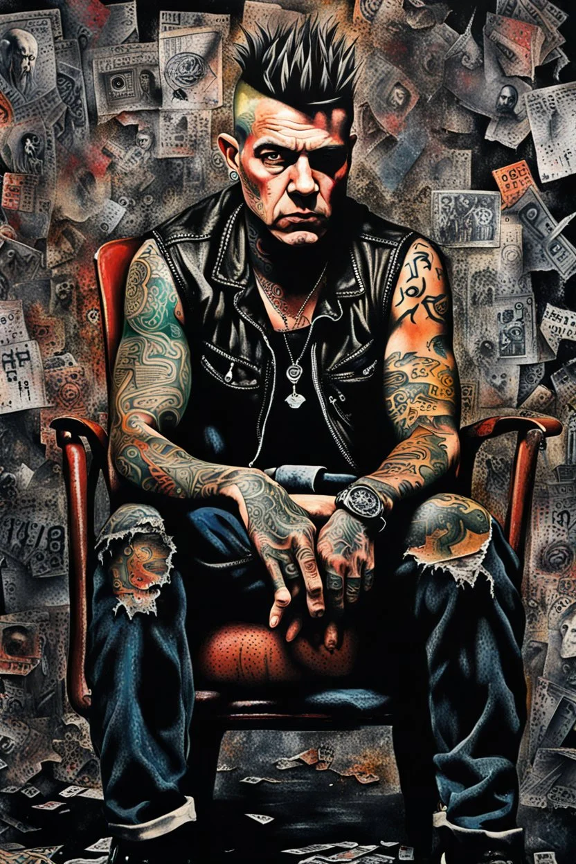 Ultra detailed medium portrait painting of a man, sitting on chair,ex-ganster in jail tattoos, rough look, bold, tear tattoo on face, mascara, evil look, chaos dark background,torn up collage of photo clippings, broken circuitry background, matrix effects, punk visual art, punk art aesthetic, graffiti art, pop surrealism, collage art, cluttered paint glitches