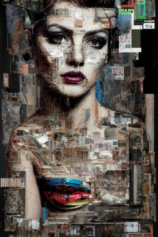 Ultra detailed medium portrait painting of a half naked woman sitting on a chair, no nudity, bended over, dark room with little light coming from an open door behind her, torn up collage of clippings, broken circuitry background, matrix effects, punk visual art, punk art aesthetic, graffiti art, pop surrealism, collage art, cluttered paint glitches