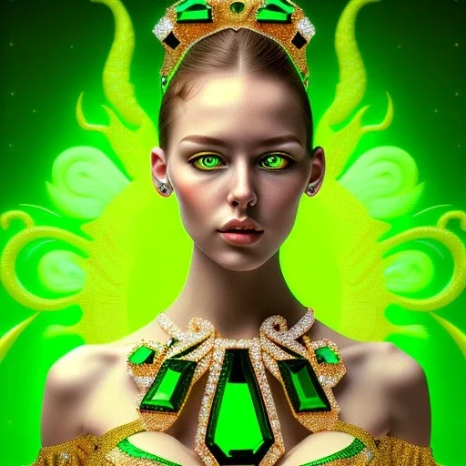 fullbody portrait of beautiful booty young busty atletic amazon woman with big green emerald eyes crying gold with big emeralds necklace by Gustav Klimt 8k