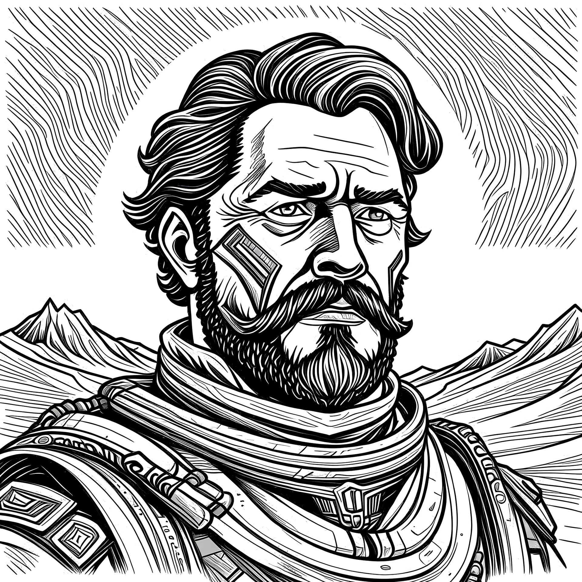 Engraving of a futuristic desert warrior with a moustache and beard.