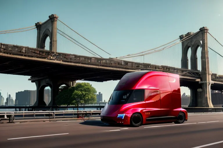 A Tesla 'Semi' (semi truck) is parked, on the 'FDR Drive', eastern Manhattan. (CINEMATIC, WIDE ANGLE LENS, PHOTO REAL)