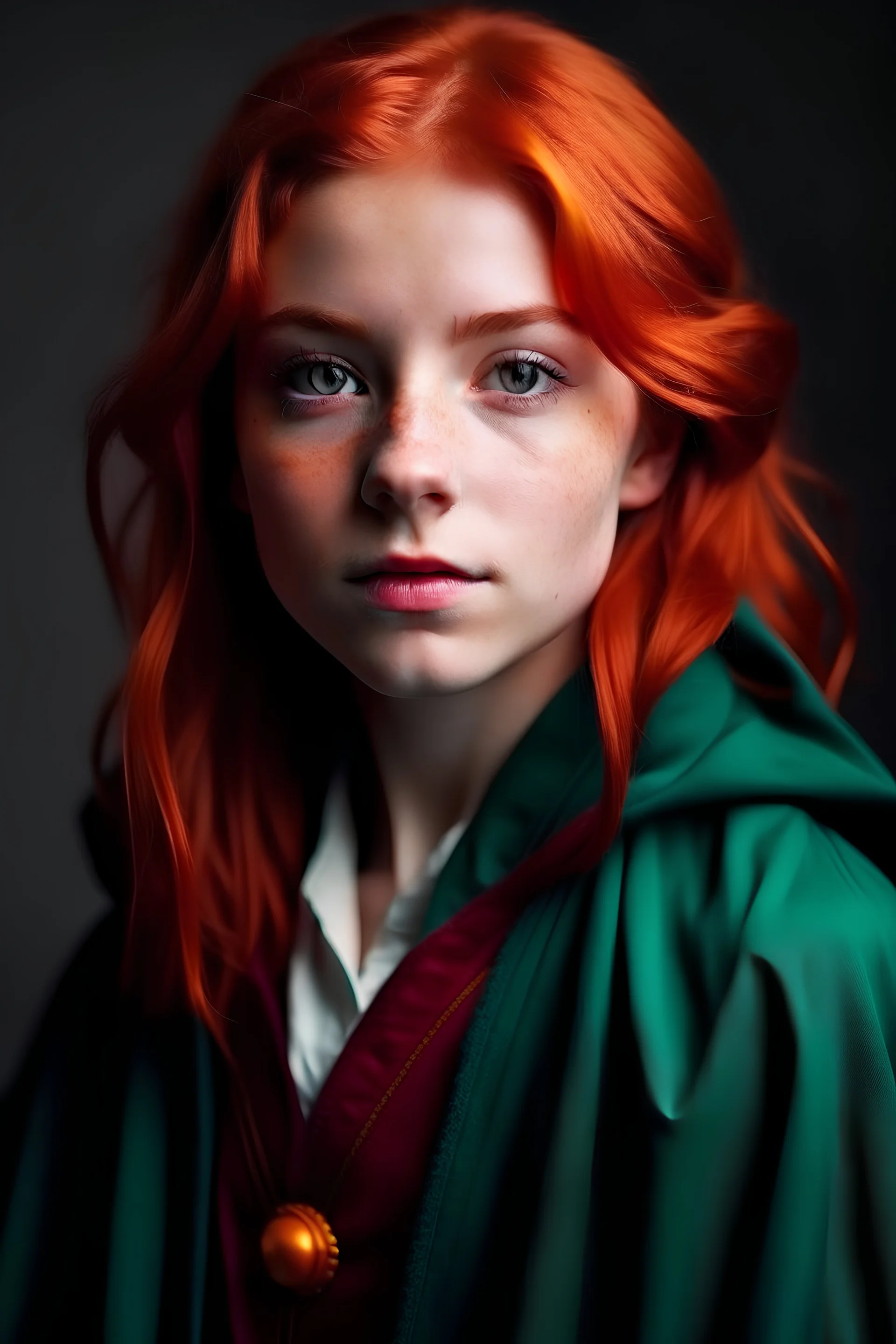 A pretty girl with red hair and green eyes and she is wearing a Hogwarts robe