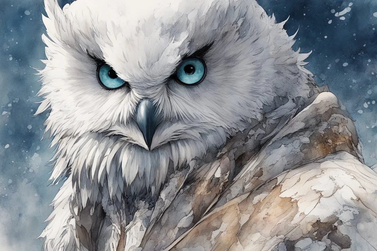 ink wash and watercolor illustration of a whimsical hybrid Snowy Owl girl with highly detailed feathers and facial features in the comic book style of Bill Sienkiewicz and Jean Giraud Moebius, with a fine art aesthetic, highly detailed , 4k UHD cinegraphic quality