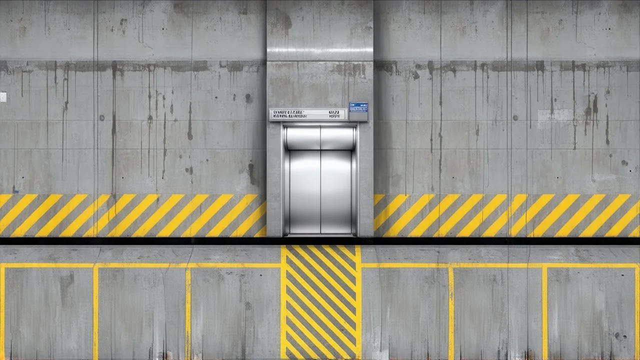 wall design for parking garage, concrete, yellow marking lines, hazard lines, weathering and water stains, realistic elevator doors in middle. a sign is above the elevator doors. rough painted hashmarks and parking lines
