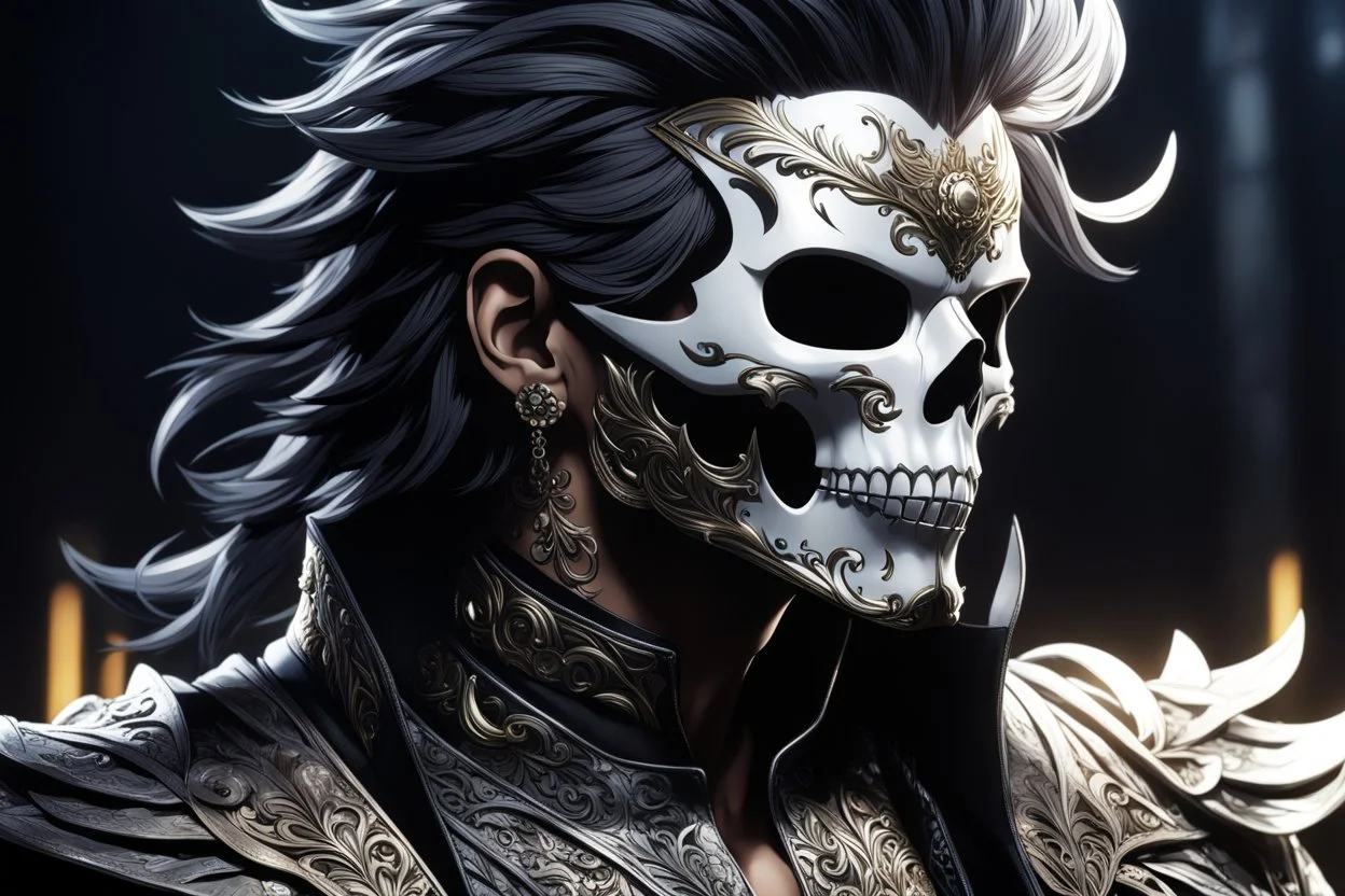 skull, man hair , mask, cover face in 8k solo leveling shadow artist dynamic pose, oshare kei, hurufiyya, rtx, intricate details, highly detailed, high details, detailed portrait, masterpiece,ultra detailed, ultra quality