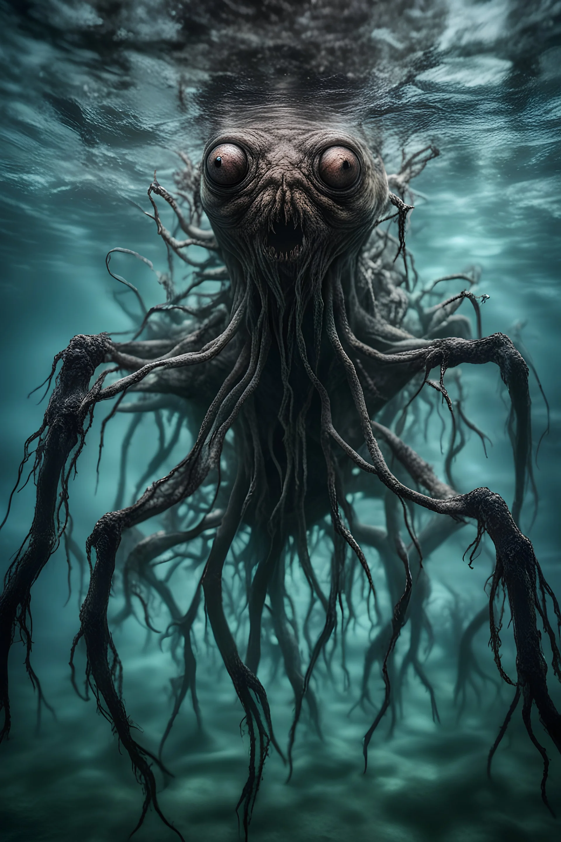 Underwater, closeup creature with creepy eyes, fullbody, his skin turned translucent revealing a network of black veins that extended like roots, ragged clothes, , 8k,macro photography,