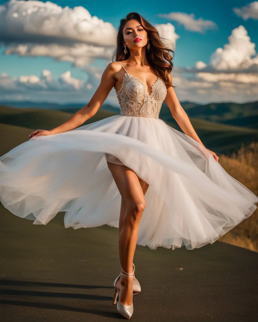 full-body closeup shot of a young, beautiful girl with a perfect face and makeup,wearing pretty dance dress standing in a stage in open air nice hills , blue sky ,pretty clouds at distant