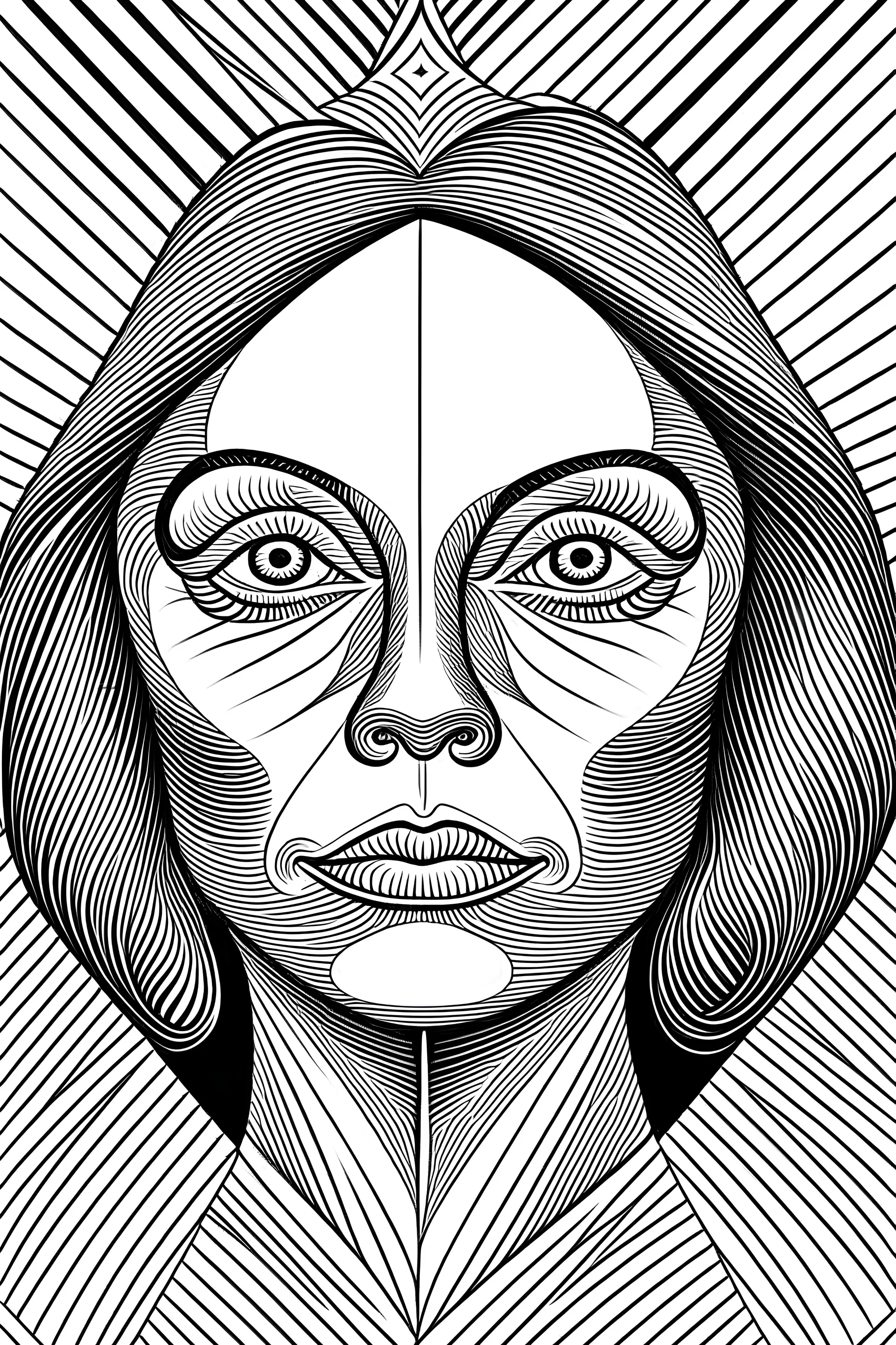 Create an artistic portrait of a woman that incorporates an optical illusion. When viewed from one angle, the face should appear as that of a child, and when viewed from another angle, it should appear as that of a middle-aged woman. The child and middle-aged woman faces should seamlessly blend into a single face, achieved through the use of optical illusion techniques. Design this using an AI-powered drawing program