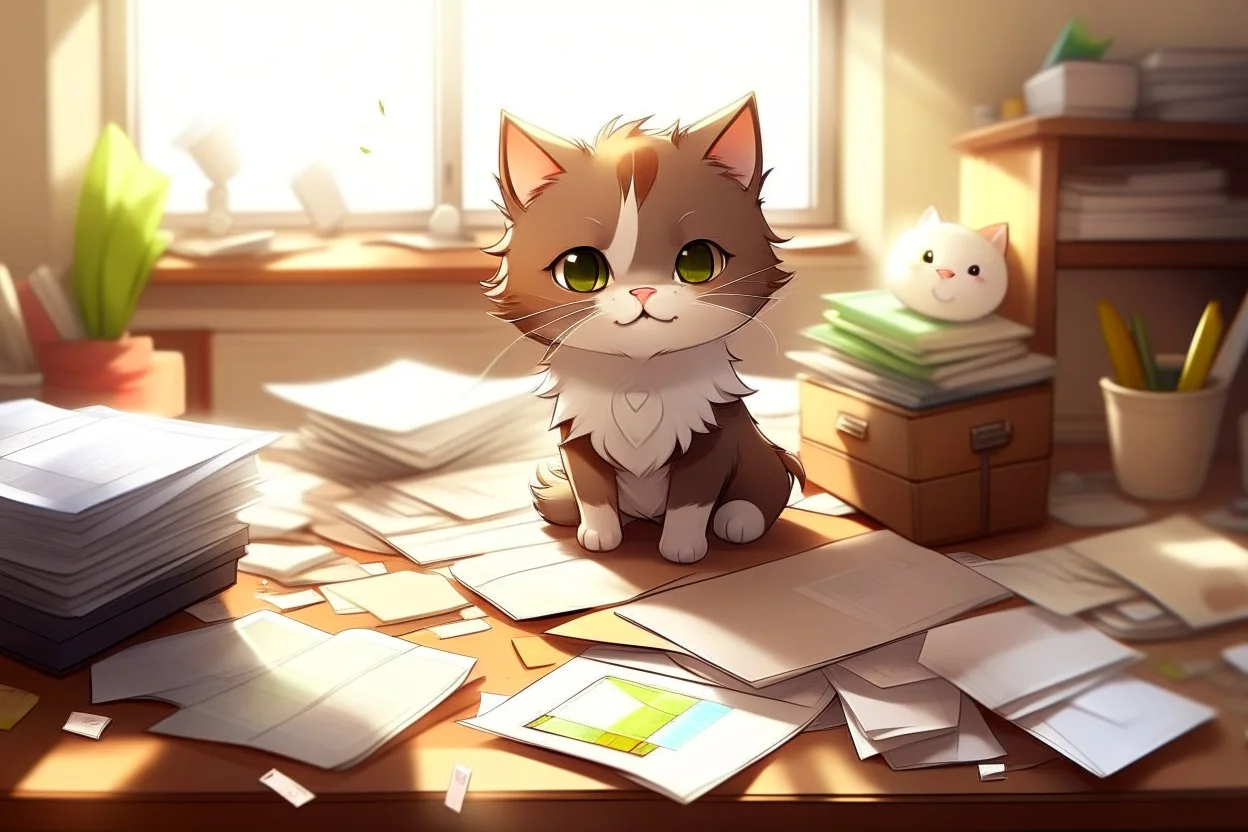 Cute fluffy chibi pixar brunette kitten working very hard at a desk, surrounded by lots of paper, computers and paper boxes, in the sunlight.