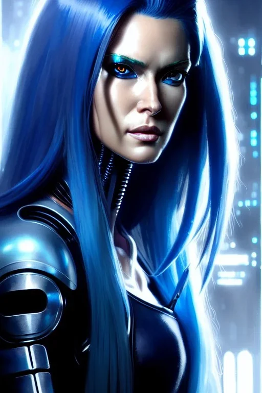 hiper realista, hiper detalhado, retrato de corpo inteiro, no estilo cyberpunk, de uma mulher incrivelmente bonita com implantes biônicos, cabelos compridos azuis, olhos brilhantes, maquiagem, arte de greg rutkowski, artgerm, wlop, rossdraws, boris vallejo