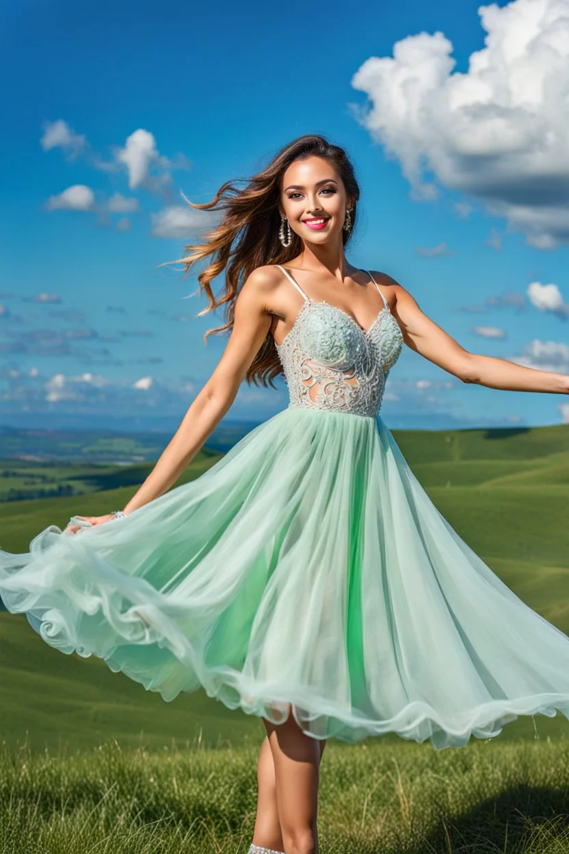 full-body closeup shot of a young, beautiful girl with a perfect face and makeup,wearing pretty dance dress standing in a stage in open air nice green hills , blue sky ,pretty clouds at distant