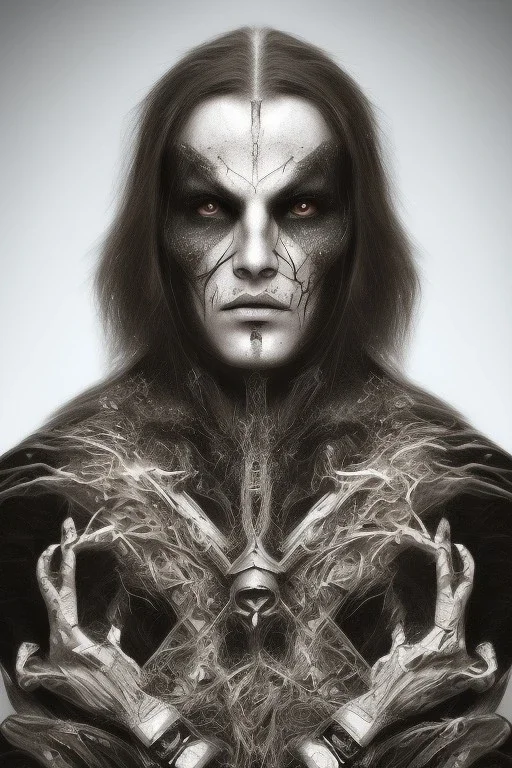 Symmetric portrait of a man with black metal facepaint