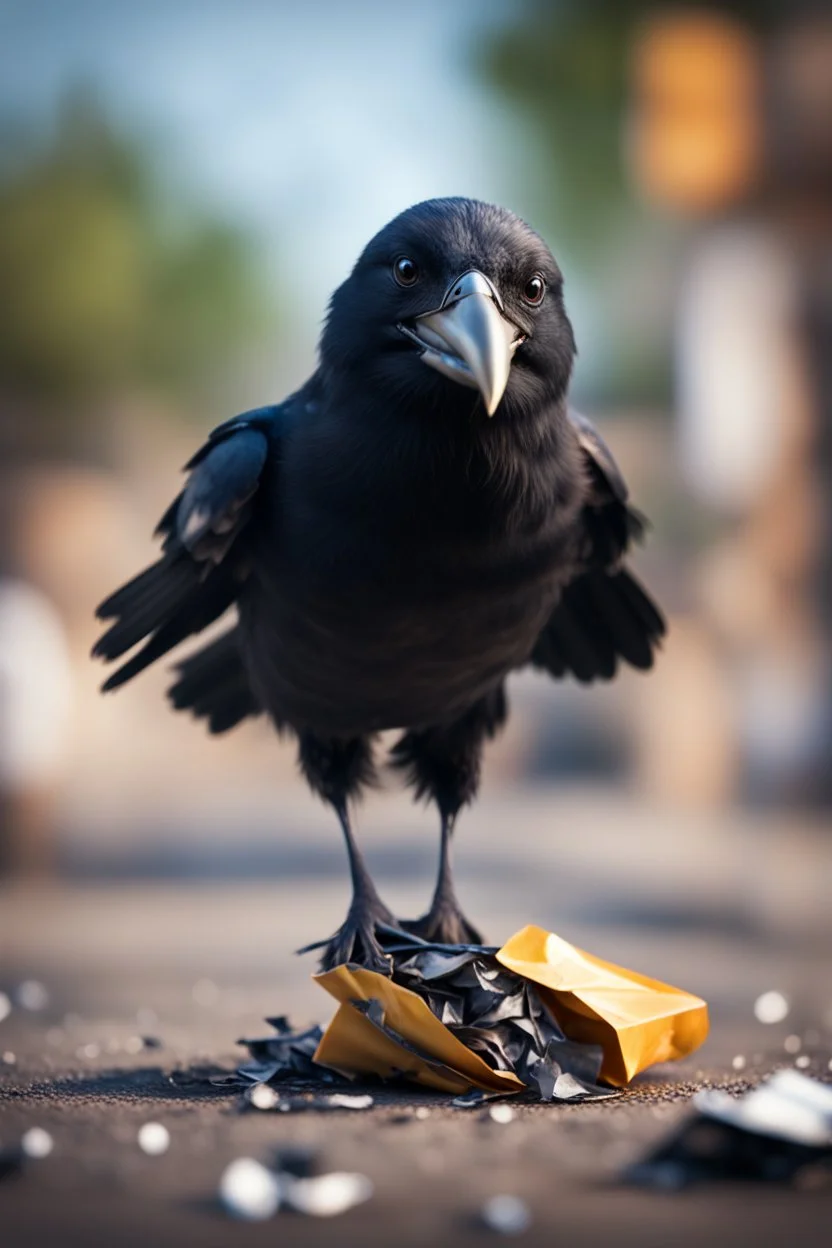 crow holding garbage upside down laughing,bokeh like f/0.8, tilt-shift lens 8k, high detail, smooth render, down-light, unreal engine, prize winning