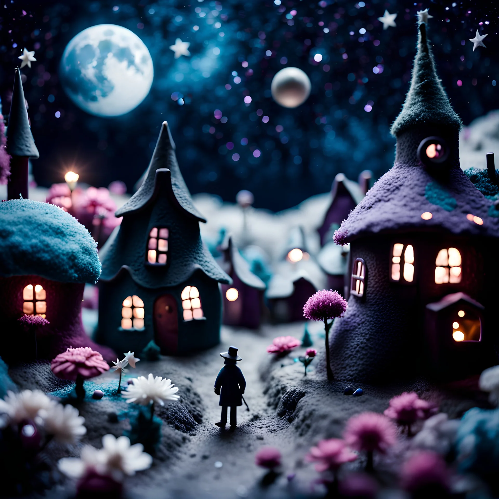 Detailed people, street made of modeling clay and felt, village, stars, galaxy and fog, planets, moon, volumetric light flowers, naïve, Tim Burton, strong texture, extreme detail, Yves Tanguy, decal, rich moody colors, sparkles, Harry Potter, bokeh, odd, shot on Ilford