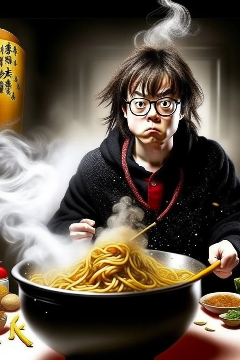 Angry Harry Potter use pot with chinese noodles stay behind the Hermione