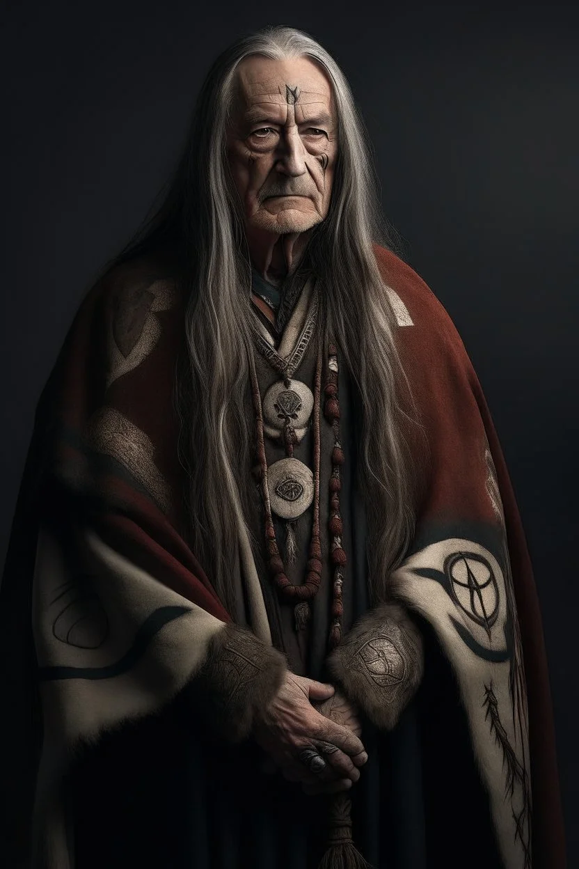 clean shaven old long haired warrior with tribal tattoos and cloak