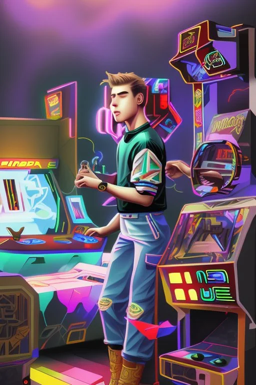 a millineal teenage boy is playing video arcade games, bright colored clothes from the 90s, hairstyles of that time, comic style