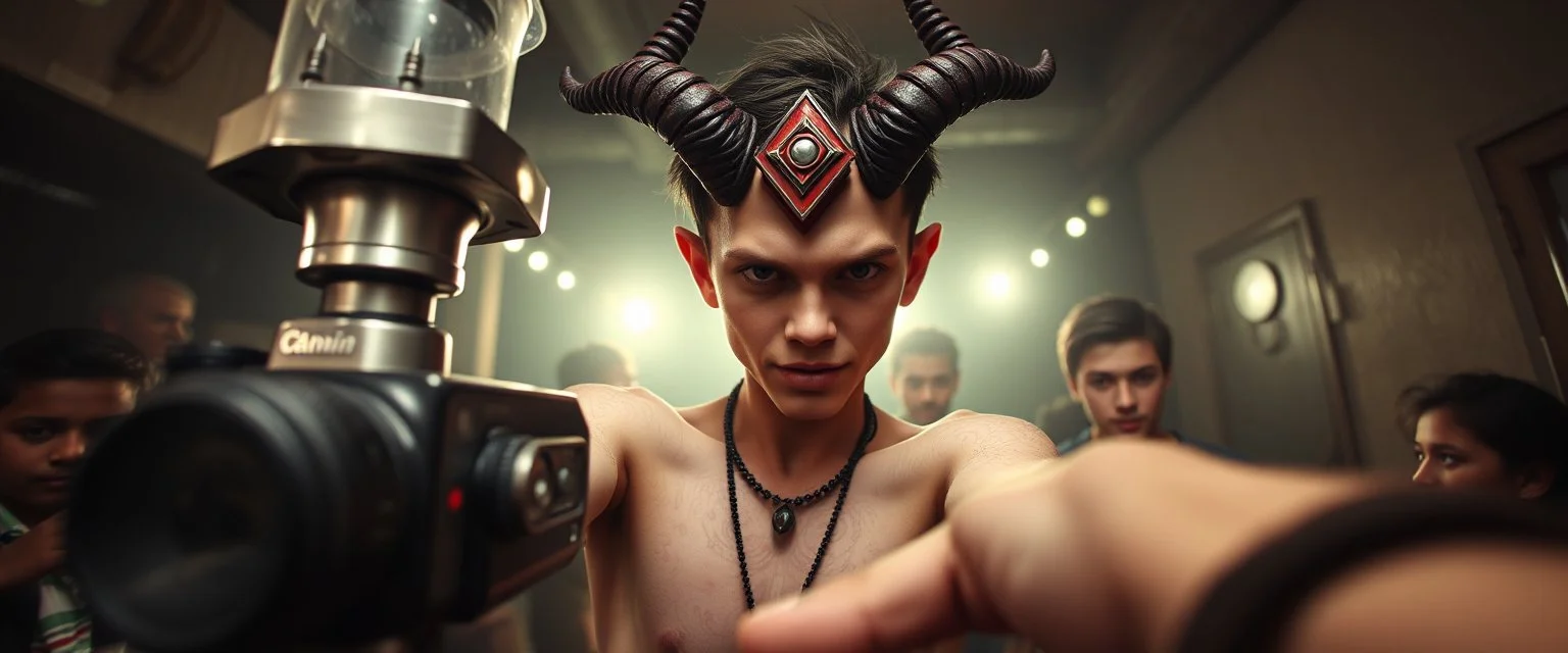 nephilim ai meat grinder camera meetup selfie smart transcendent innocent little devil pointing at camera