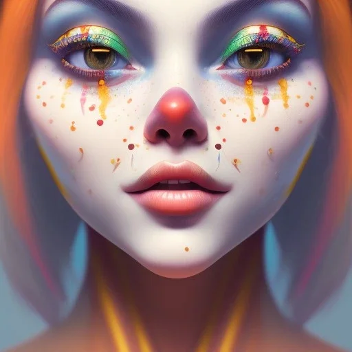 clown girl,beautiful real skin, symmetrical, soft lighting, ultra detailed face, concept art, digital painting, looking into camera, octane render, art by artstation