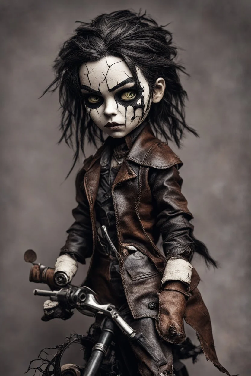 full color, illustration of a dark menacing leather clad motorcycle girl, tall and willowy , as a decayed, broken, crude homemade cloth doll toy, with a cracked porcelain face, thick dark eyebrows, hair made from ragged strips of cloth, in the style of Nadya Sheremet