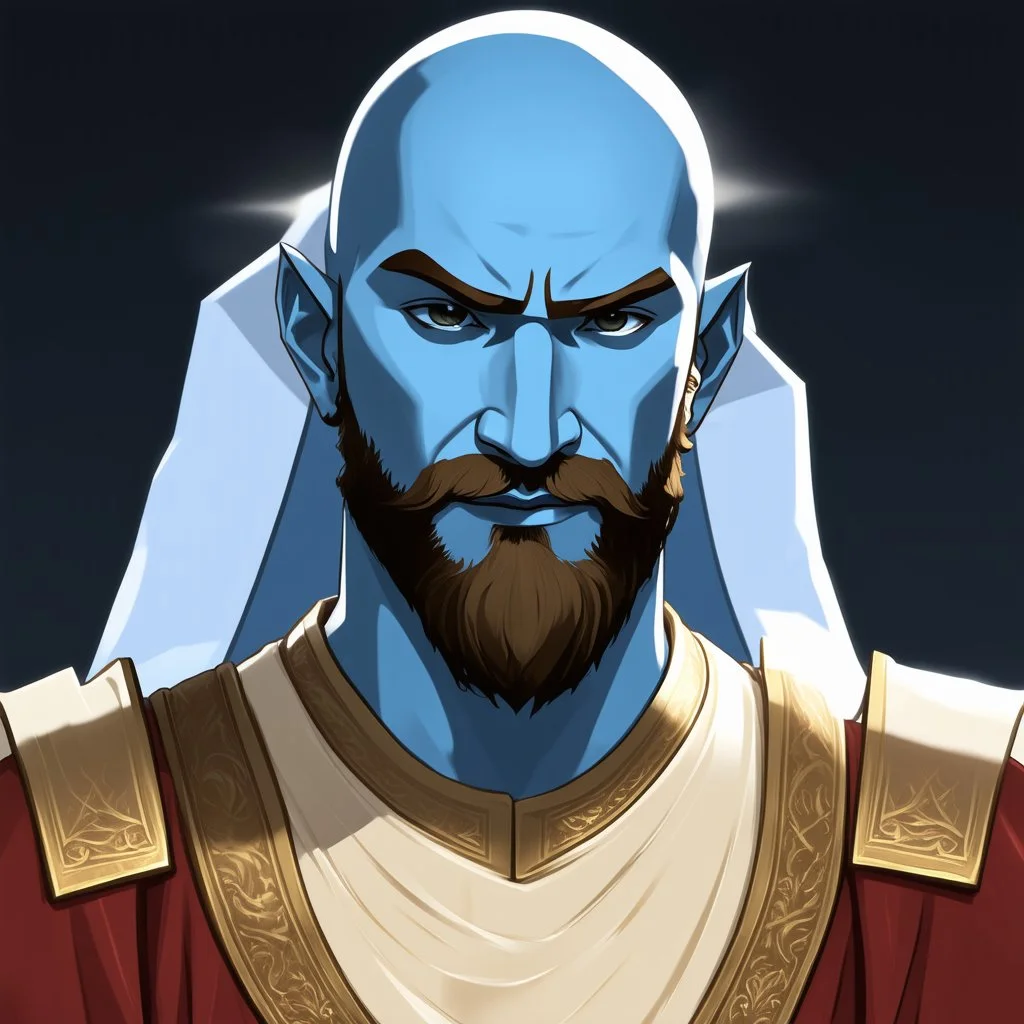 dnd, fantasy, cloud giant, portrait, face, close up, pale blue skin, clean shaven, beardless, bald, young, ascended, elegant, light elegant arabic clothes,