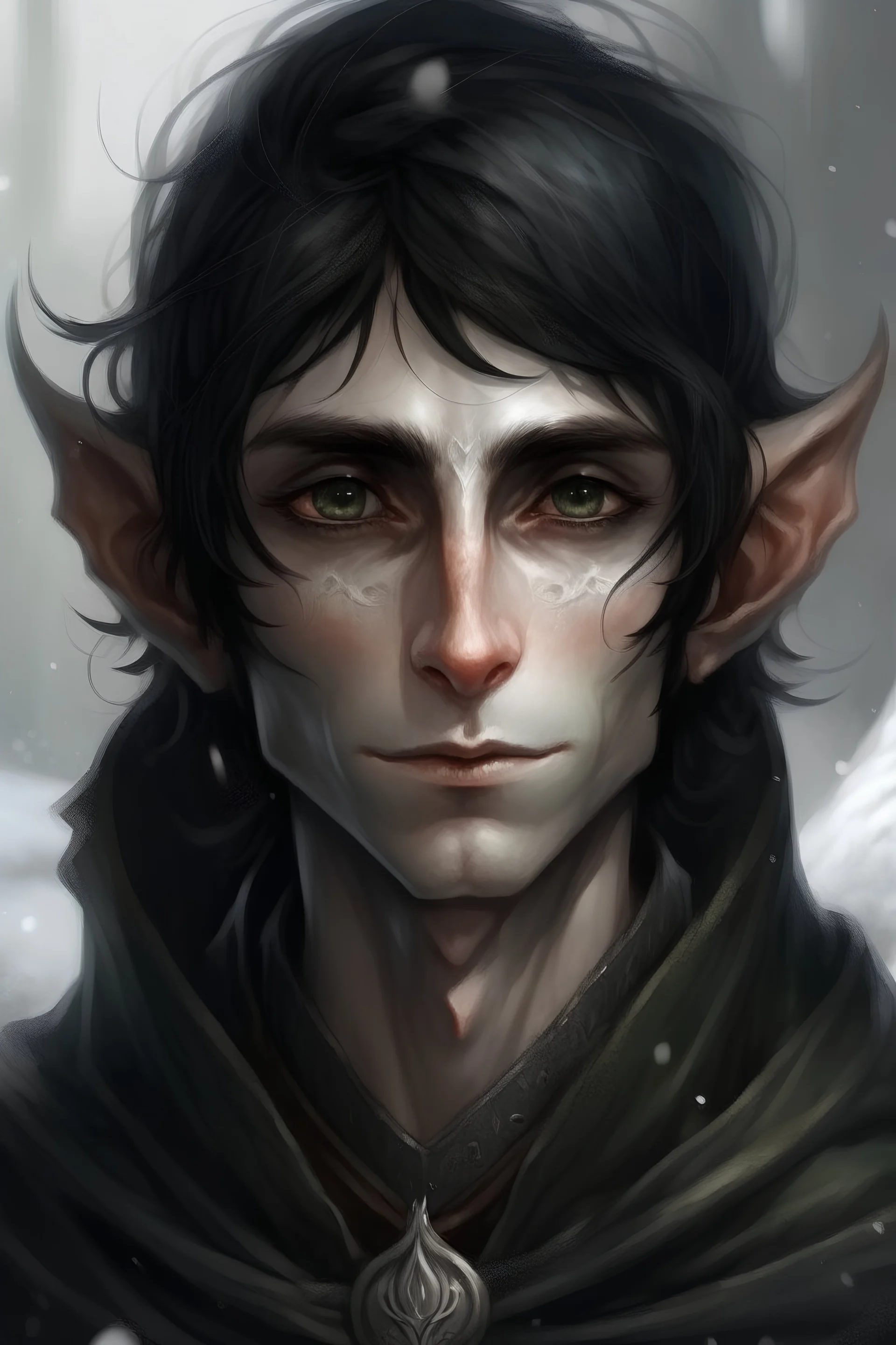 27 years old elf guy, messy black hair, ice eyes