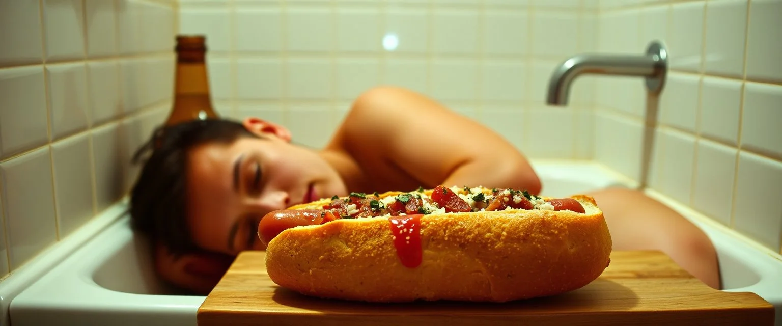 drunk hot dog in bread sleeping over in bathroom