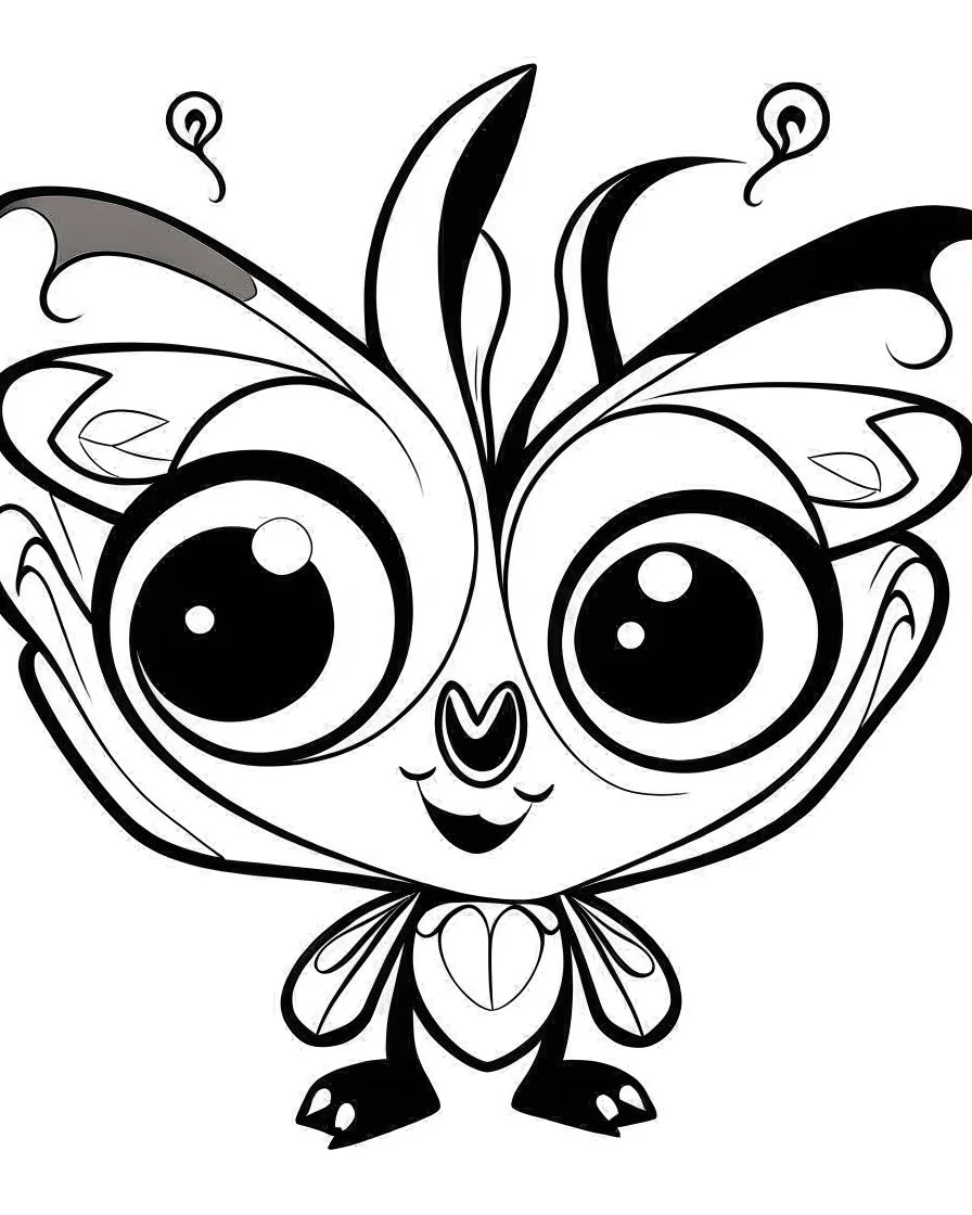 Cute butterflies, big cute eyes, pixar style, simple outline and shapes, coloring page black and white comic book flat vector, white background