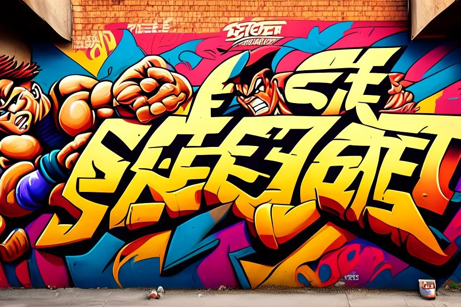 a graffiti mural wall with the word cell street fighter 6 style