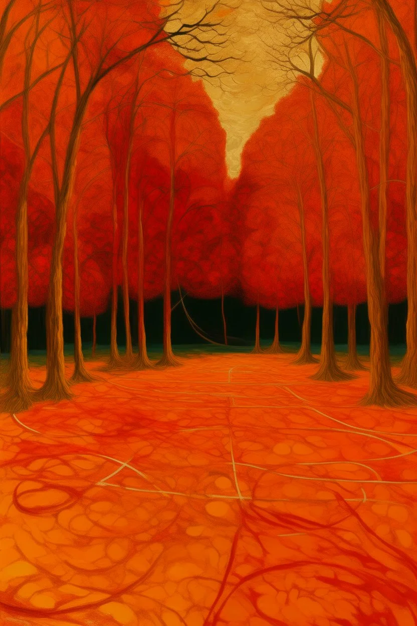 An orangish red forest with a basketball field painted by Vincent van Gogh