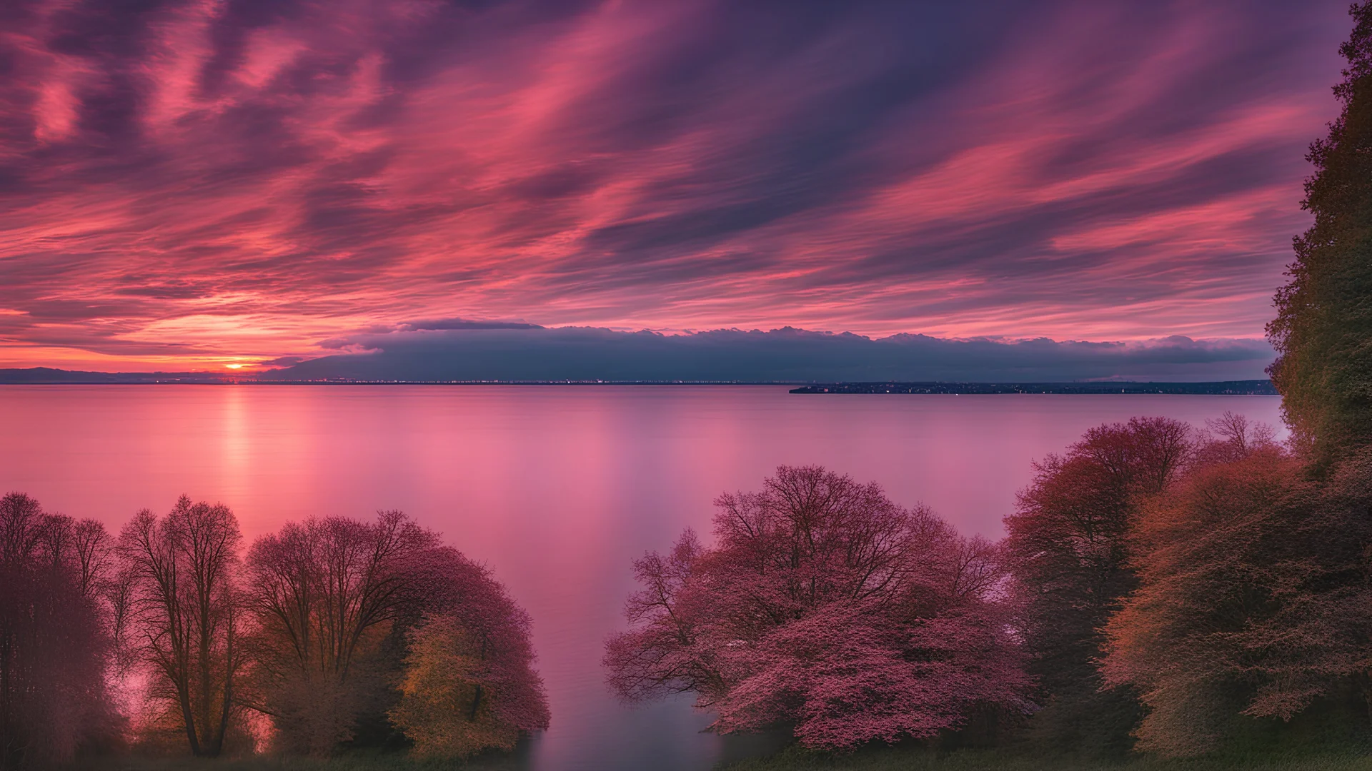 lake of constance, germany, view from the lakeside, sun setting, crazy bright and colourful sky with clouds, many red and pinks, also a little night sky with stars, high resolution, hyperrealistic, a ferry in the distance