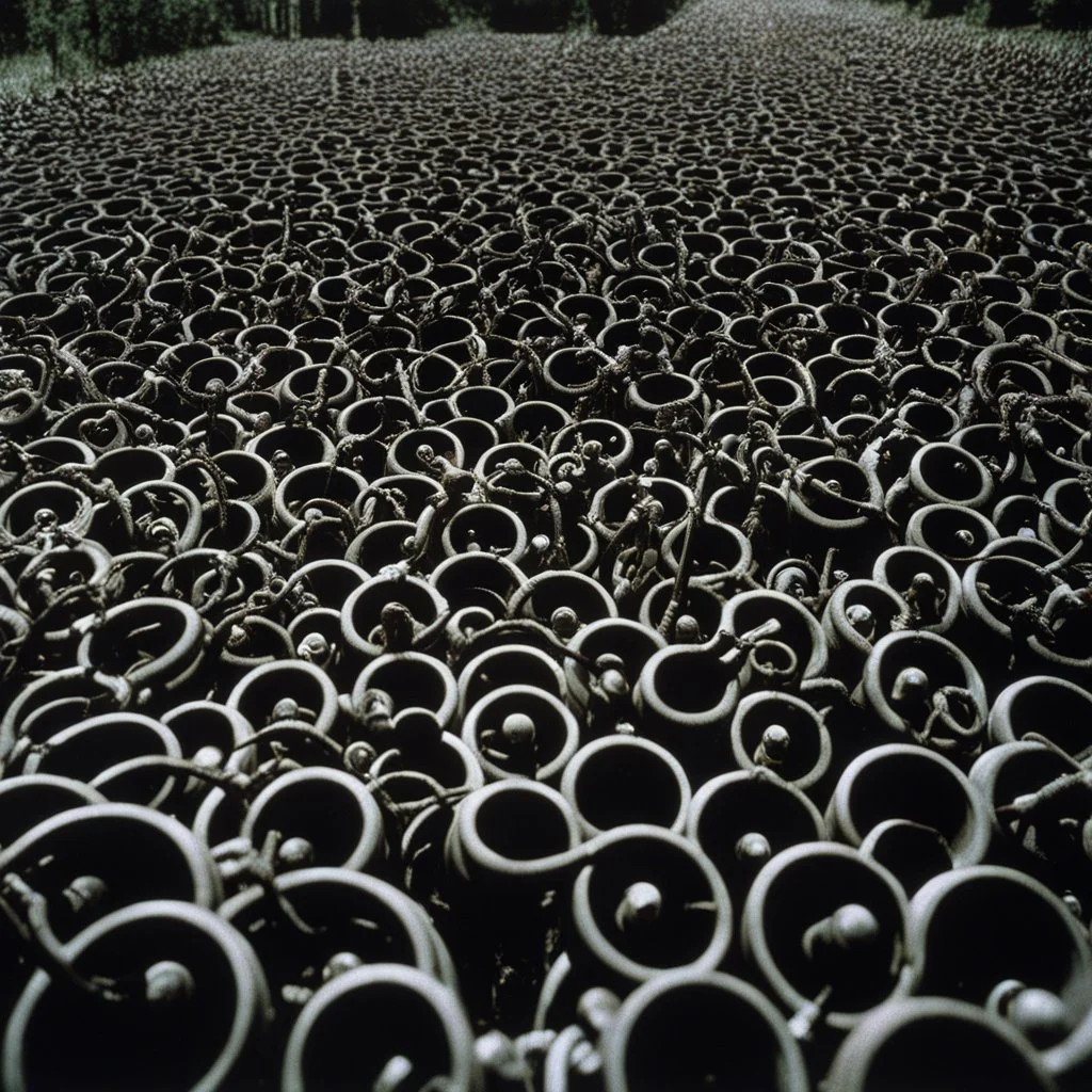 [colour high res photo: Night of the Living Dead (1968) by Romero] In a climactic moment, intricate pipes appear, twisting and turning in a maze of complexity. Characters watch in awe as the pipes emit a harmonious hum, resonating with inexplicable power. Each pipe is adorned with ornate engravings and pulsating lights, forming a mesmerizing sight.
