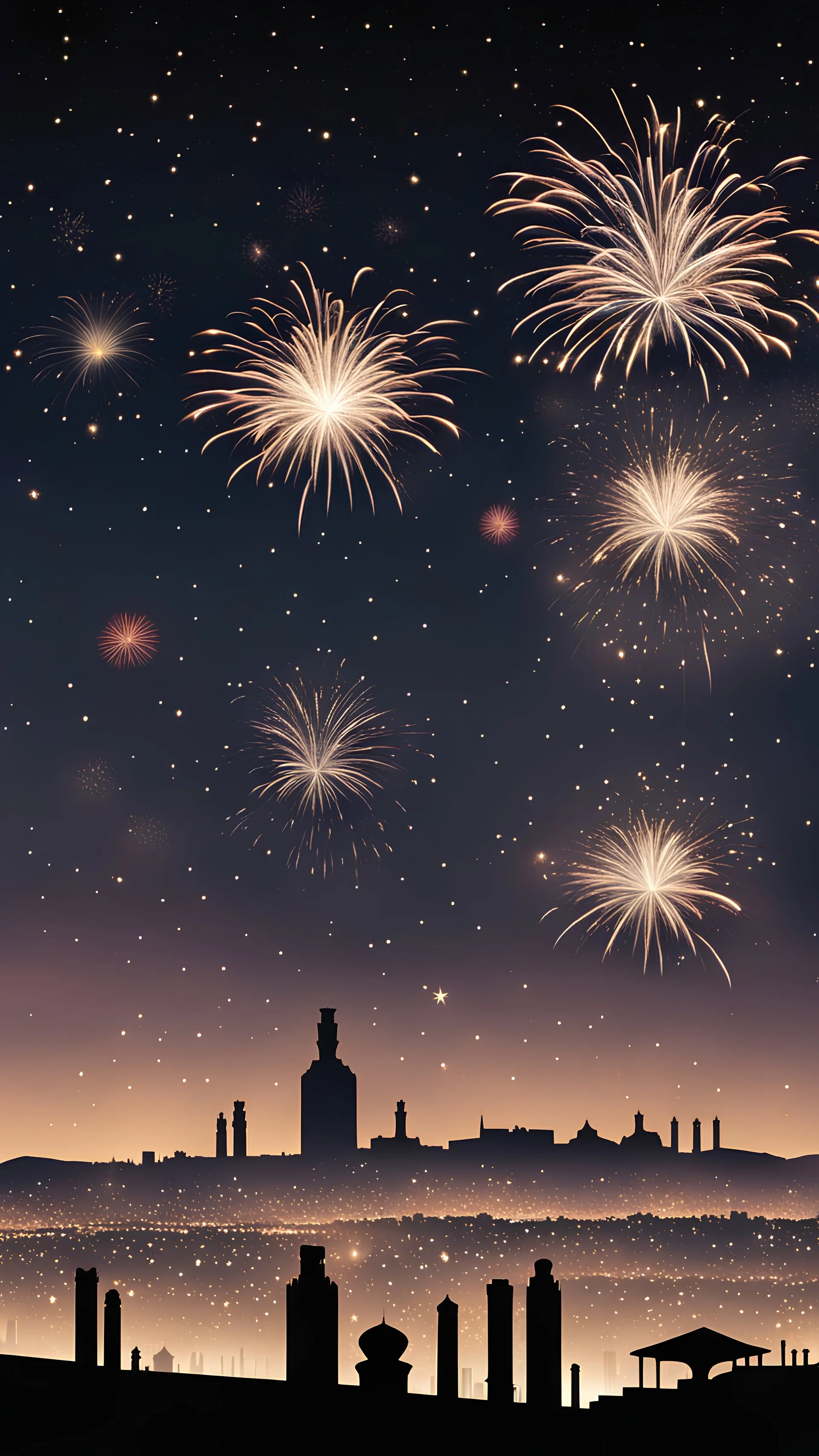 a silhouette of Persepolis skyline at night, with fireworks and stars in the sky