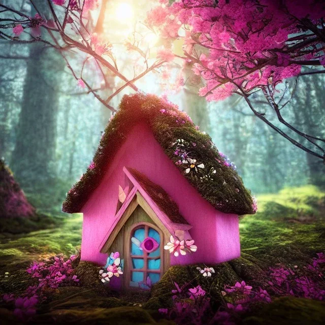 a fairy house pink and blue, in the woods, spring, 8k, flickering light, centered, high-quality, fine-detail, digital art, detailed matte, volumetric lighting, illustration, 3D octane render