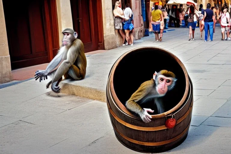 a monkey in a barrel in a town square