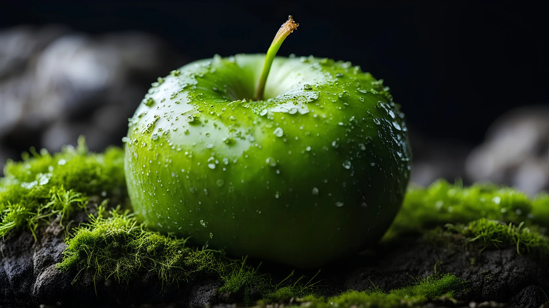 Close up of an apple fruit on a wet rock,a worm comes out of the apple fruit,moss,high details,dark place