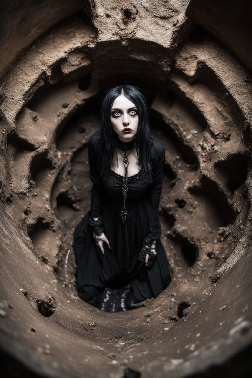 Closeup tall Girl goth with big eyes, around her valves, inside claustrophobic, ragged clothes, fullbody, the perspective looking up from the bottom of an empty well , 8k,macro photography,