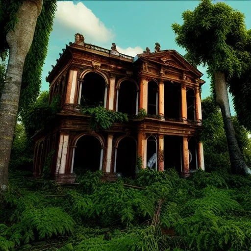 Abandoned baroque building, overgrown, trees statues, decayed, hyperrealistic, fallen roofs, highly detailed, octane render.