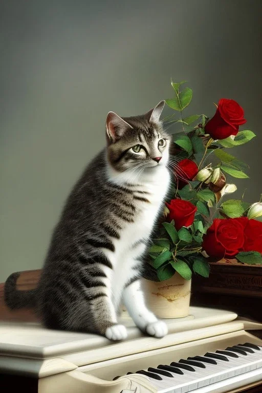 A young beautiful cat, portrait, is sitting on a piano, with a bunch of roses.