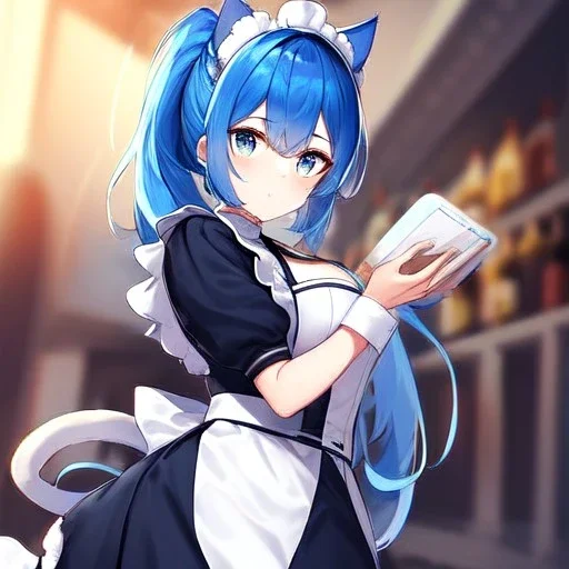 Clear Focus, High resolution, wearing a maid uniform, fluffy hair and a long ponytail, blue hair, cat ears, meowing