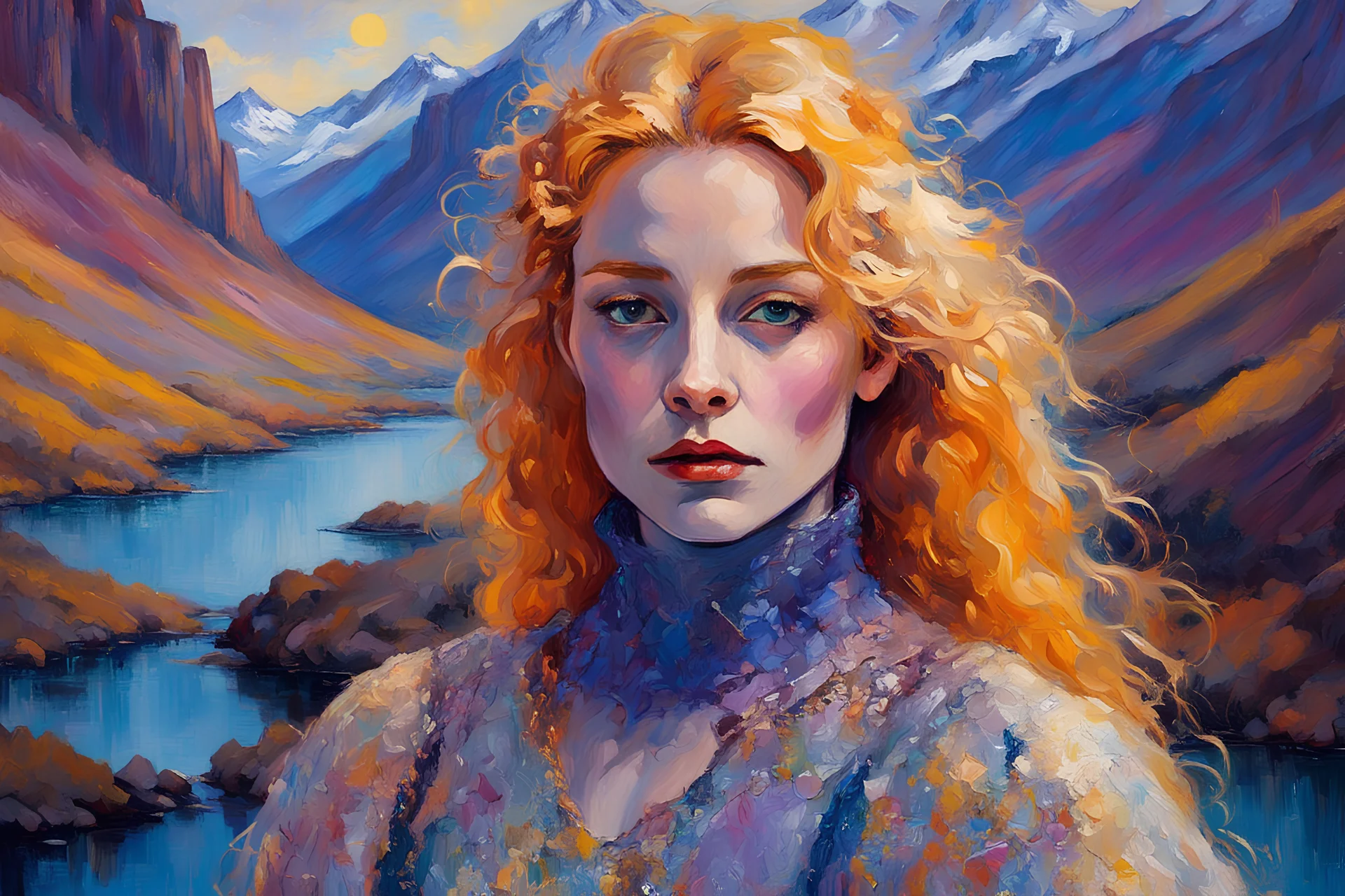 John Lowrie Morrison oil painting LowBrow art Iris Van Harpen spring Tolkien Westeros Close-up photo, Otherworldly, blonde ginger HD face Actress knight fashion, haute couture gold mauve blue ivory pearlescent knitted medium-transparent silk sparlkles stole gown costume, Austrian Symbolism, arcane atmosphere, at dawn behind mountains Rive