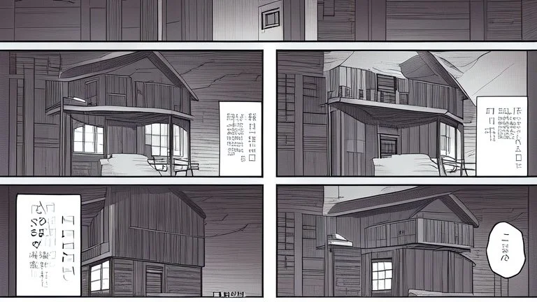 small Wooden European Cabin, In cyberpunk city-skyline, comic style