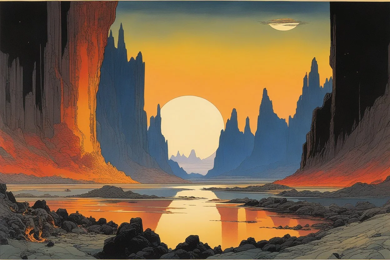 [art by W. Heath Robinson] A dramatic alien landscape on the planet Gor, featuring towering cliffs, a river of molten gold, and a sunset casting vibrant colors across the sky, with shadowy figures in the foreground