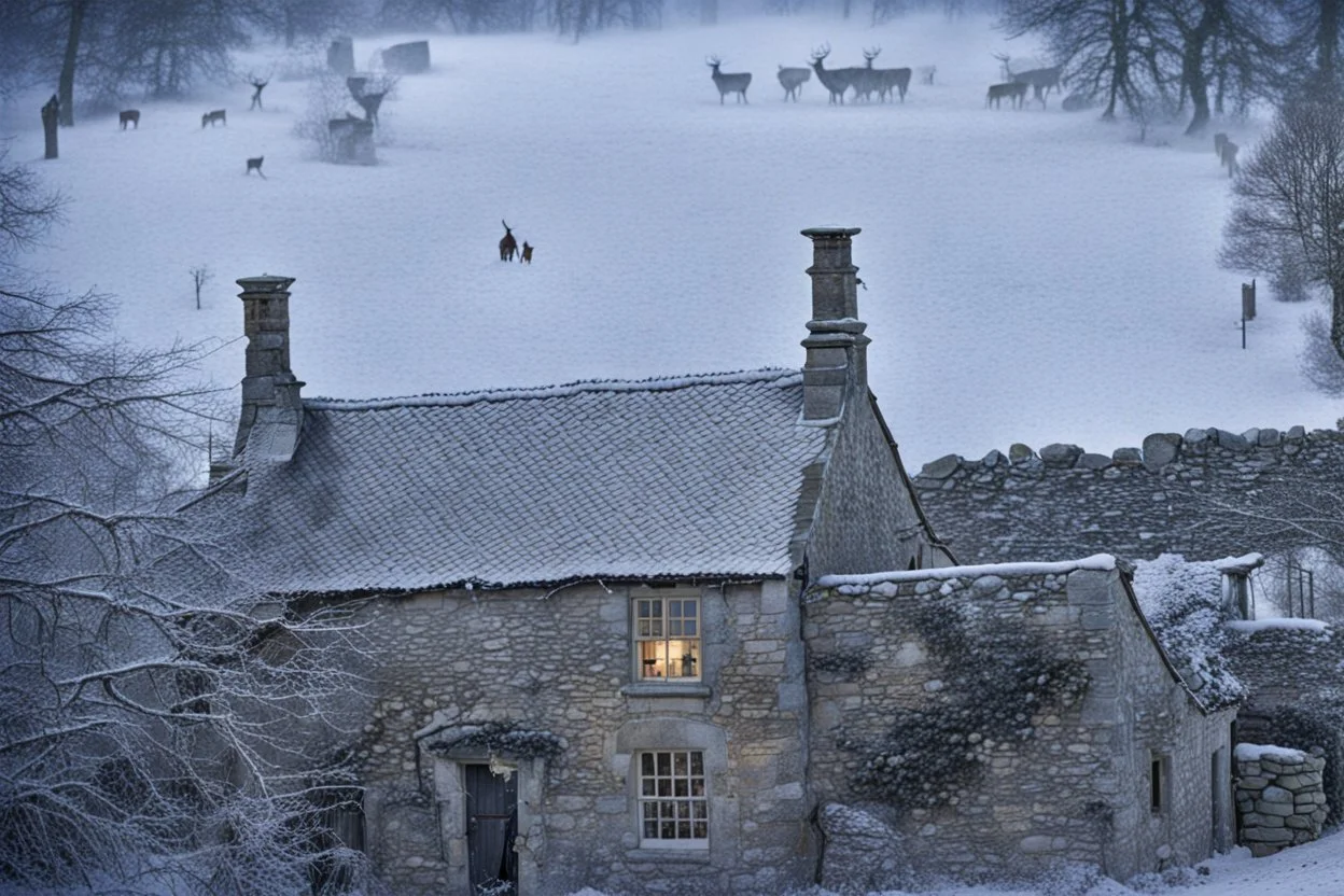 Vintage image of Snow falling heavily in the Cotswald area of England. A stone cottage with smoke coming out of the chimney. Surrounded by stone fences. In the background a startled group of deer look this way. A thick forest behind them.